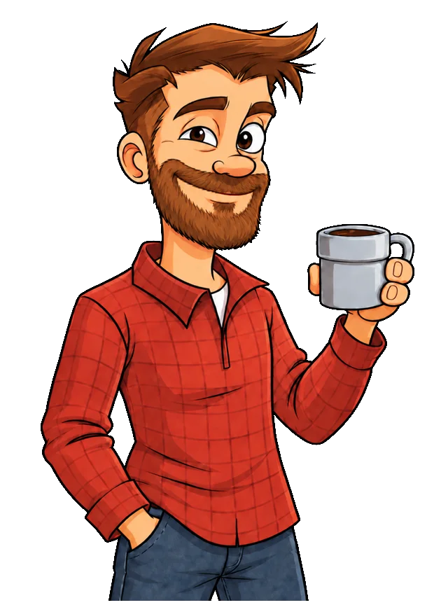 Nerd Dad, smiling with a warm cup of coffee.